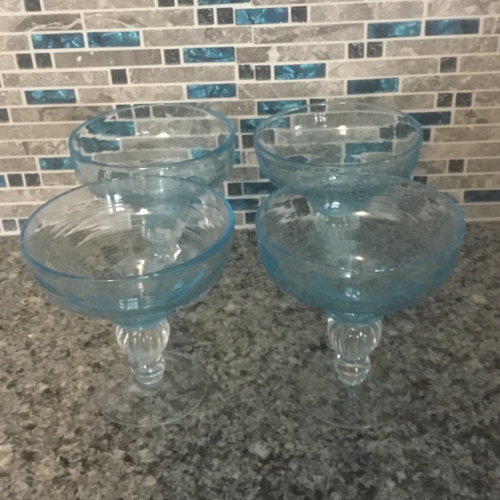 Vintage Blue Bubble Handblown Margarita Glasses 16 OZ Set of 4 Cinco de Mayo